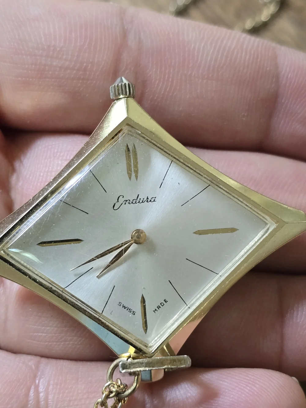 Gold-Tone Square Pendant Watch Necklace Automatic